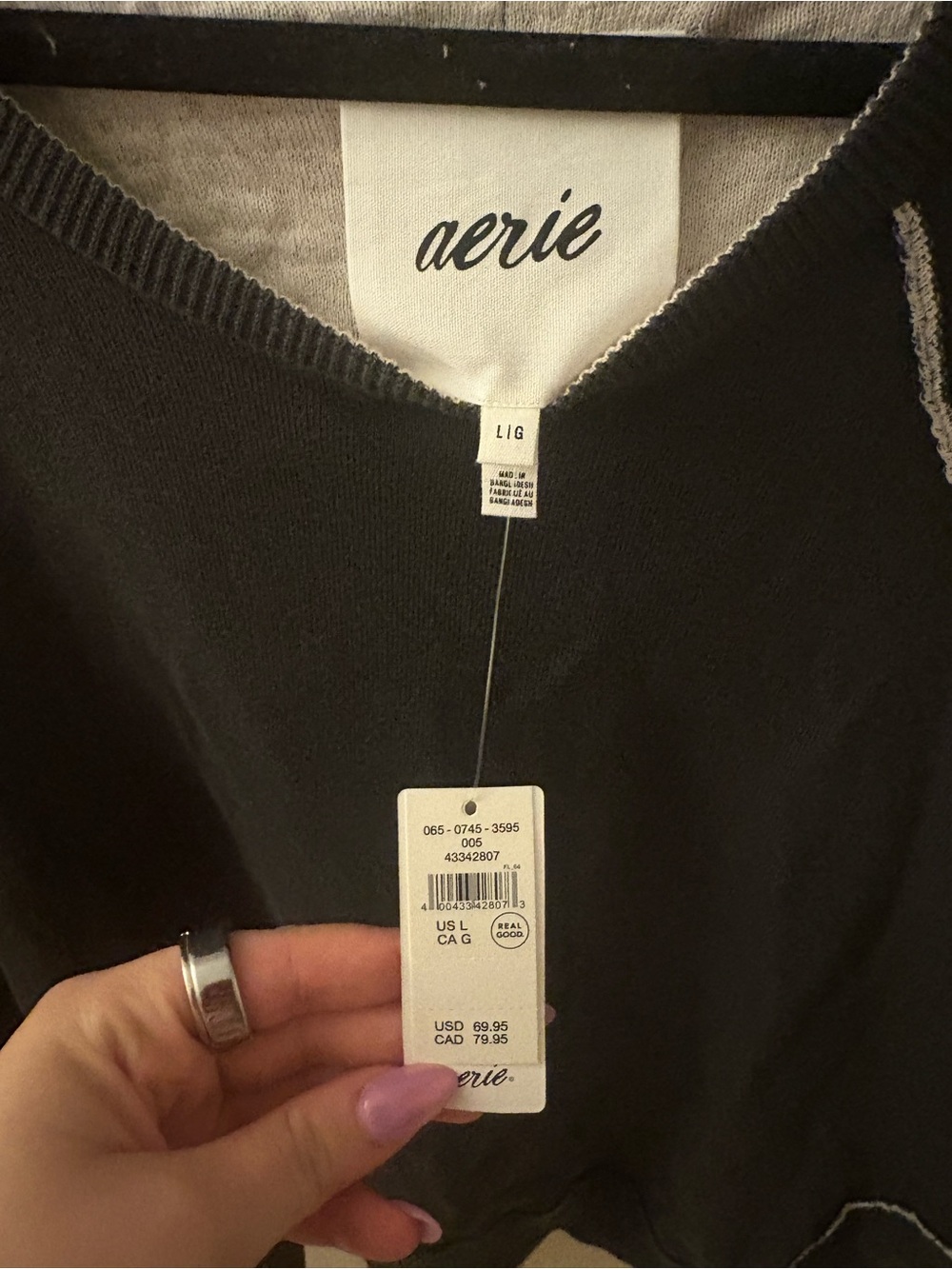 aerie Black Crewneck Pullover Sweater with Cream Trim - Picture 3 of 3